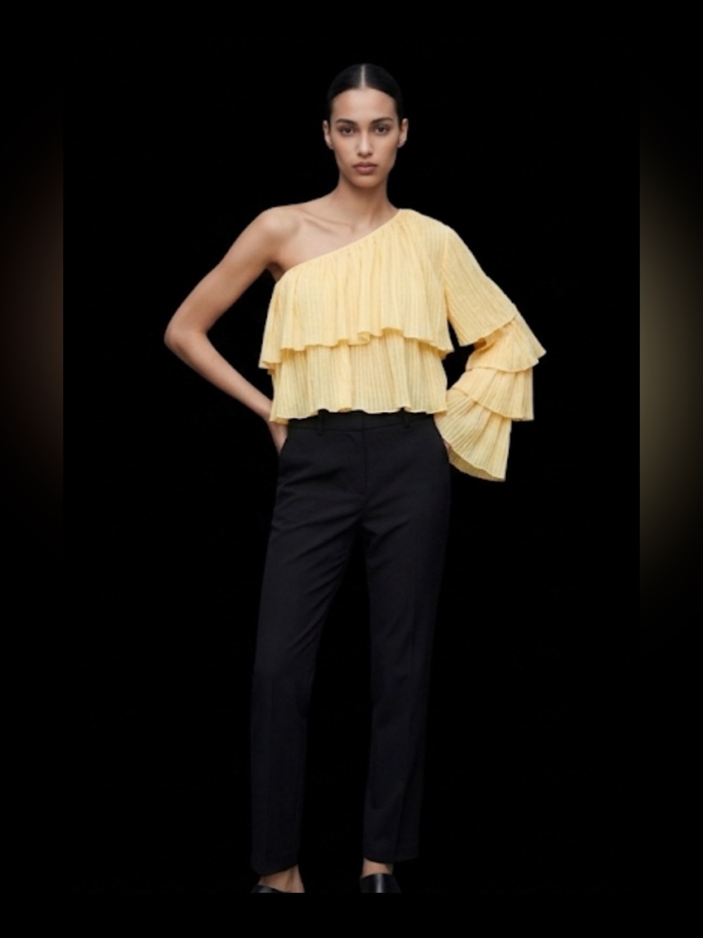 Zara Yellow One-Shoulder Layered Ruffle Crop Top